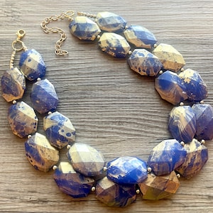 Golden Royal Blue Necklace, Double strand bright jewelry, big beaded chunky statement, summer necklace, turquoise blue gold white