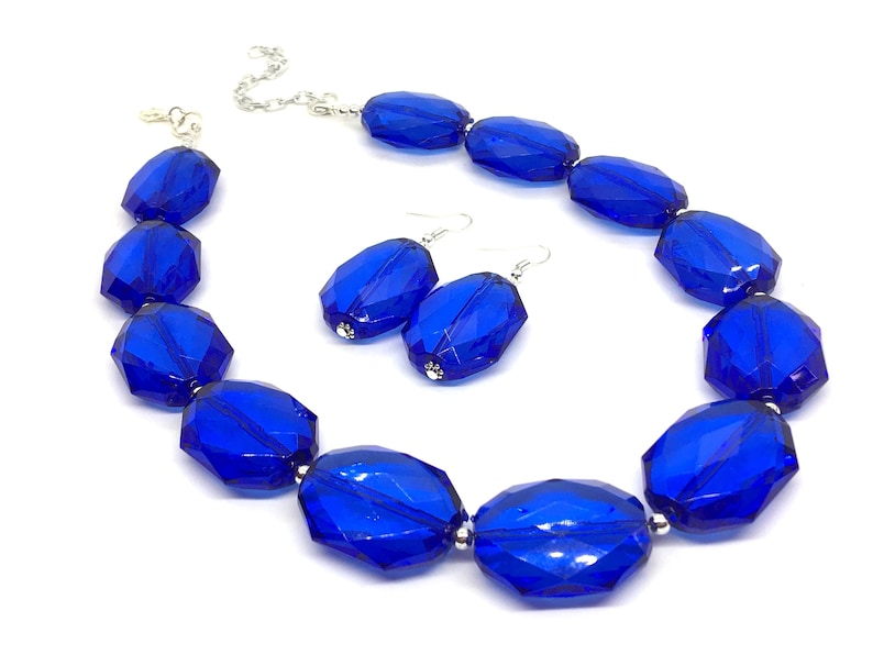 blue beaded necklace bridesmaid necklace blue beaded necklace Single Strand Royal Blue Big Beaded Statement Necklace blue Jewelry set