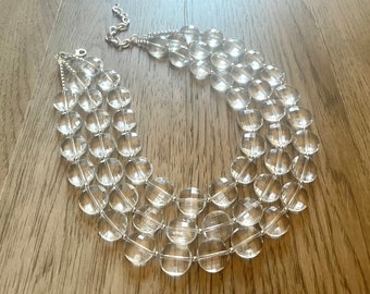 bib necklace online Chunky Clear Crystal Statement Necklace, Faceted Everyday neutral jewelry, statement necklace, triple silver accents chunky bib necklace