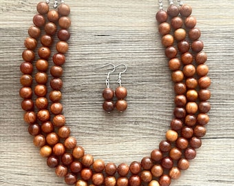 3 Strand Wood Beaded Necklace, brown Jewelry Chunky statement necklace, big beaded necklace jewelry, natural smooth wood earrings