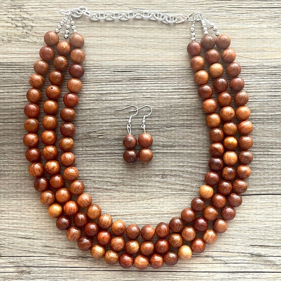 Collana E Orecchini In Legno Con Stampa Animalier - Set Gioielli Boho In Marrone - Foto 8