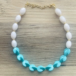 Turquoise blue & white metallic single strand chunky jewelry, handmade beaded metallic statement necklace, teal gold bib necklace