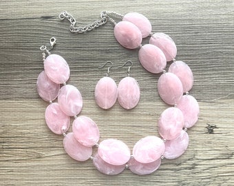 Blush Pink Chunky Statement Necklace, Big beaded jewelry, multi strand Statement Necklace, chunky baby pink bib jewelry earrings