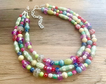 Rainbow Metallic Etched Statement Necklace, chunky multi-strand jewelry, yellow pink colorful necklace, silver jewelry, neon jewelry