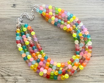 Rainbow Neon 5 strand Beaded Necklace, Colorful Jewelry, Chunky statement necklace, big beaded necklace, rainbow jewelry, rainbow confetti
