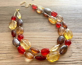 Golden Fall Leaves Statement Necklace, chunky bib beaded jewelry, neutral jewelry yellow red brown necklace, beaded acrylic mustard