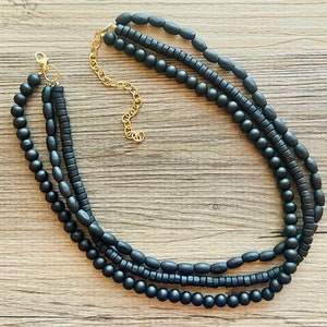 Black Birch Wood 3 Strand Beaded Necklace, vintage tan Jewelry Chunky statement necklace, big beaded necklace geometric boho dark painted