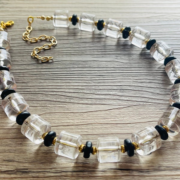 Extra Chunky Single Strand Clear Crystal Statement Necklace and earrings set, large lucite resin big bead acetate acrylic necklace