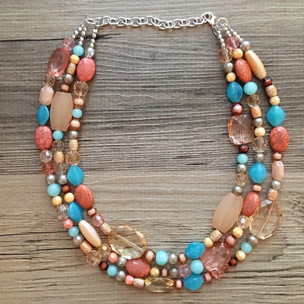 Peach Teal Coral Chunky Statement Necklace, Triple Strand Beaded Jewelry, blue peach coral jewelry, bridsmaid wedding, bib beaded jewelry