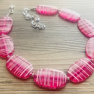 Hot Pink Striped Single Statement Necklace, Earrings Chunky Jewelry Big Beaded Necklace, dark pink Necklace, magenta bubble white