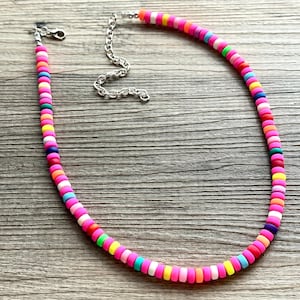 Neon Pink Rainbow Statement Necklace, Clay Jewelry Beaded jewelry, Single Strand Necklace, hot pink layering jewelry, Clay donut Heishi bead