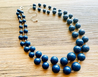 Navy Blue Statement Necklace, Chunky Jewelry Big Beaded Double Strand Necklace, Dark Blue Necklace, Blue Jewelry Set, cobalt silver Beaded