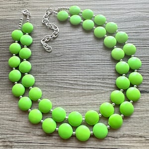 Apple Green Double Strand statement necklace, big beaded chunky jewelry light green jewelry, citron bib green beaded necklace