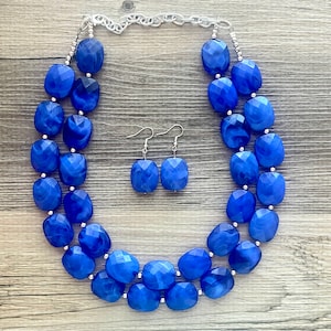 Royal Blue Statement Necklace, Chunky Jewelry Big Beaded Double Strand Necklace, Dark Blue Necklace, Blue Jewelry Set, Dark Blue Beaded