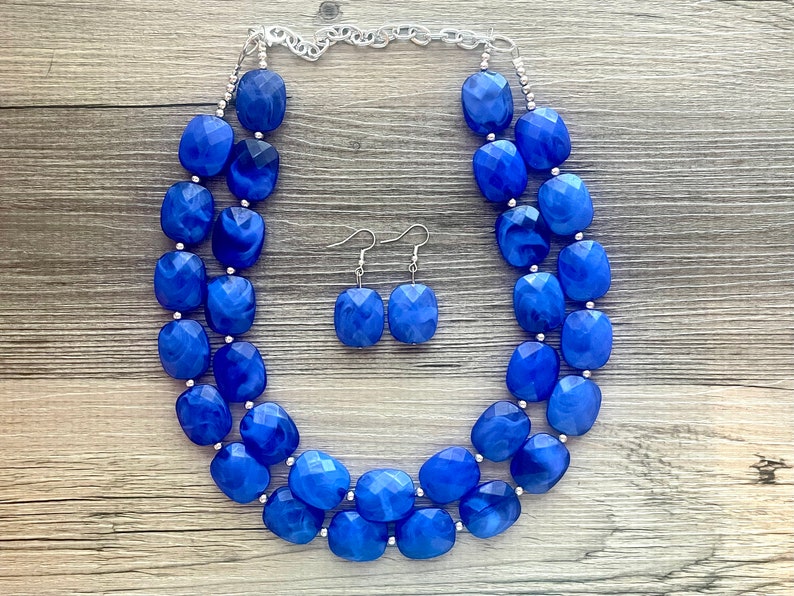 Royal Blue Statement Necklace, Chunky Jewelry Big Beaded Double Strand Necklace, Dark Blue Necklace, Blue Jewelry Set, Dark Blue Beaded image 1