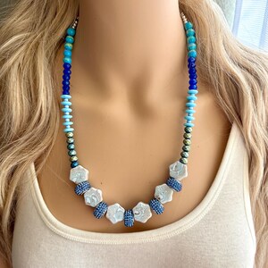 Shoreline BoardWalk Chunky Statement Necklace, big Beaded thick Jewelry, Single Strand wedding or everyday dress, turquoise green blue