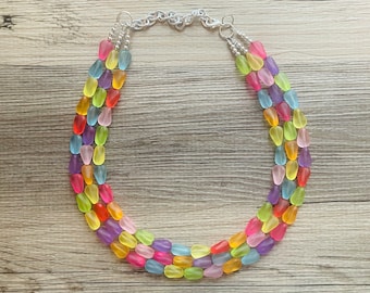 Frosted Pastel Rainbow Statement Necklace, colorful chunky jewelry, multi strand pride chunky beaded necklace, bubble necklace bubblegum