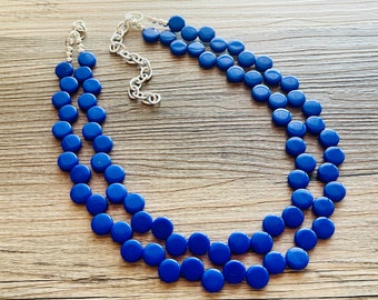 Collier Royal Blue 2 brins de déclaration, collier de bijoux Chunky Big Beaded, collier bleu foncé, boucles d’oreilles rondes géométriques en zigzag bubble