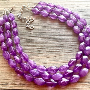 Moonlit Path Purple Statement Necklace, Chunky Three Strand Jewelry, purple necklace silver necklace, Lilac lavender bib necklace