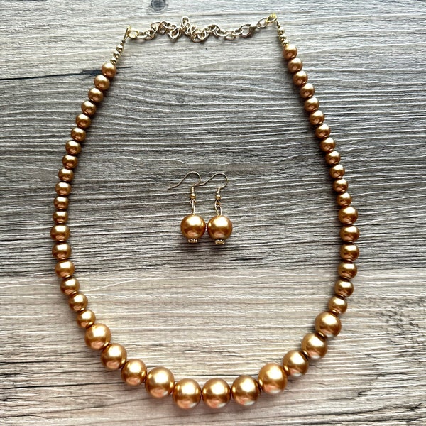 Long Gold graduated ball beaded necklace, gold statement necklace jewelry set, gold ball earrings, layering necklace, gold pearl bead