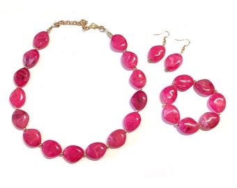 Hot Pink Statement Necklace Jewelry Set, Chunky Jewelry Big Beaded 1 Strand Necklace, pink Necklace, dark pink Jewelry Set earrings bracelet
