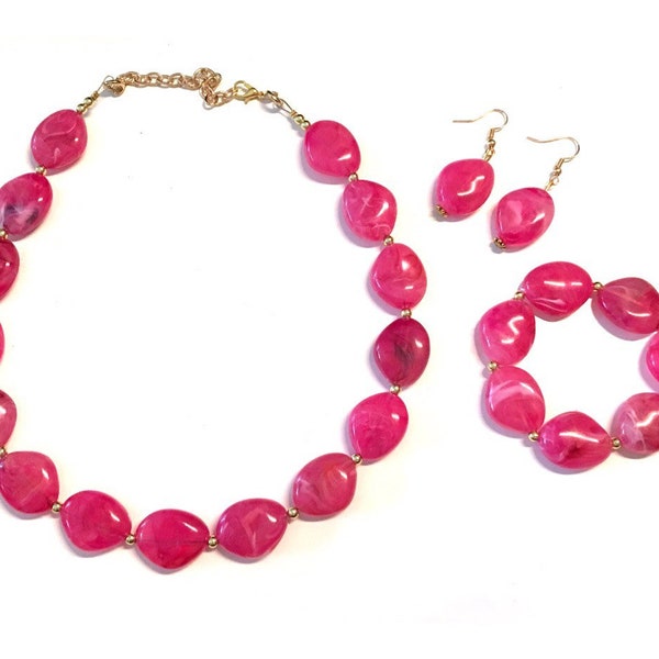 Hot Pink Statement Necklace Jewelry Set, Chunky Jewelry Big Beaded 1 Strand Necklace, pink Necklace, dark pink Jewelry Set earrings bracelet