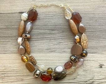 Lagos chunky ketting, Wanderlust Collection kralen sieraden, hars kralen glas bruine ketting, bruin tan champagne goud