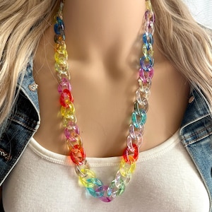 Long Acrylic necklace, bright rainbow creamy linking acetate necklace, chain necklace, statement necklace jewelry, rainbow chunky chain