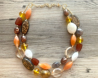 Autumn Art Statement Necklace, Gold & Orange Necklace, 2 Strand Statement Necklace, fall colors chunky necklace burnt clementine