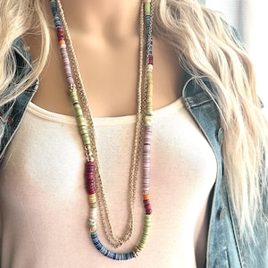 Vintage Beaded long necklace, rainbow beaded statement necklace, everyday gem stone chunky layering gold Heishi vinyl disc chain sale