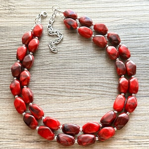 Deep Red Swirl Double Strand Big Beaded Statement Necklace, red beaded necklace, red bridesmaid necklace jewelry, Christmas layering