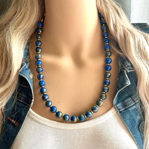 Dark Blue & Gold Necklace, Royal blue ball bead and wood necklace, single strand bib necklace, navy blue statement jewelry
