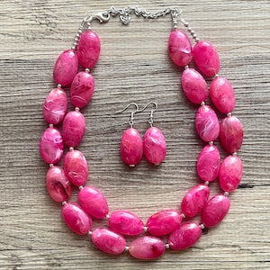 Big Bead pink Necklace, 2 Strand Statement Jewelry, magenta pink Chunky bib bridesmaid, hot pink jewelry, dark pink necklace earring set