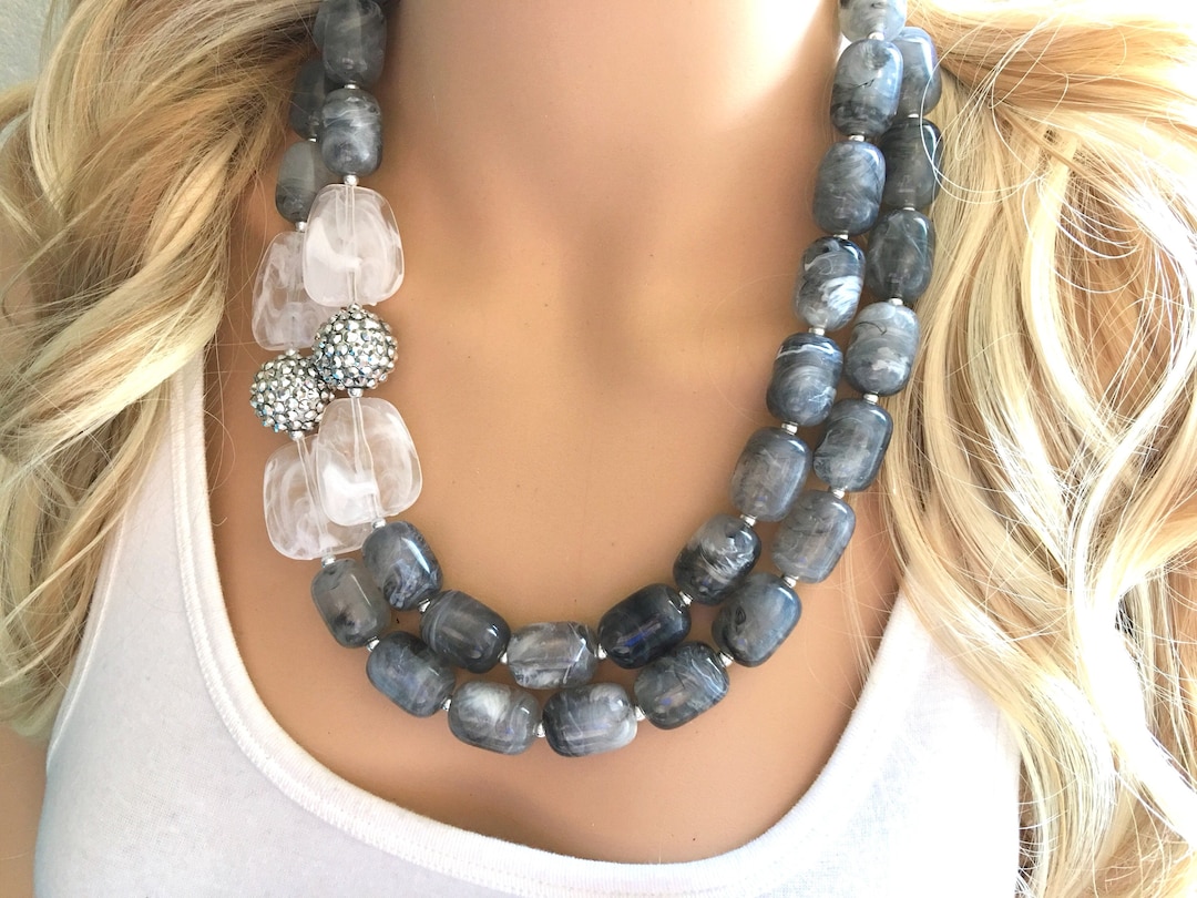 Sparkle Gray Chunky Statement Necklace, Big Beaded Jewelry, Multi
