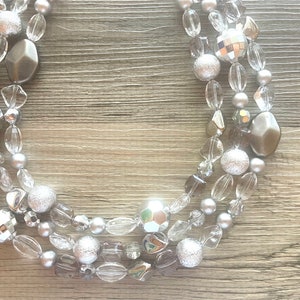Silver and Clear statement necklace, lucite necklace, resin necklace, clear three strand chunky jewelry, silver Beaded Holiday Necklace