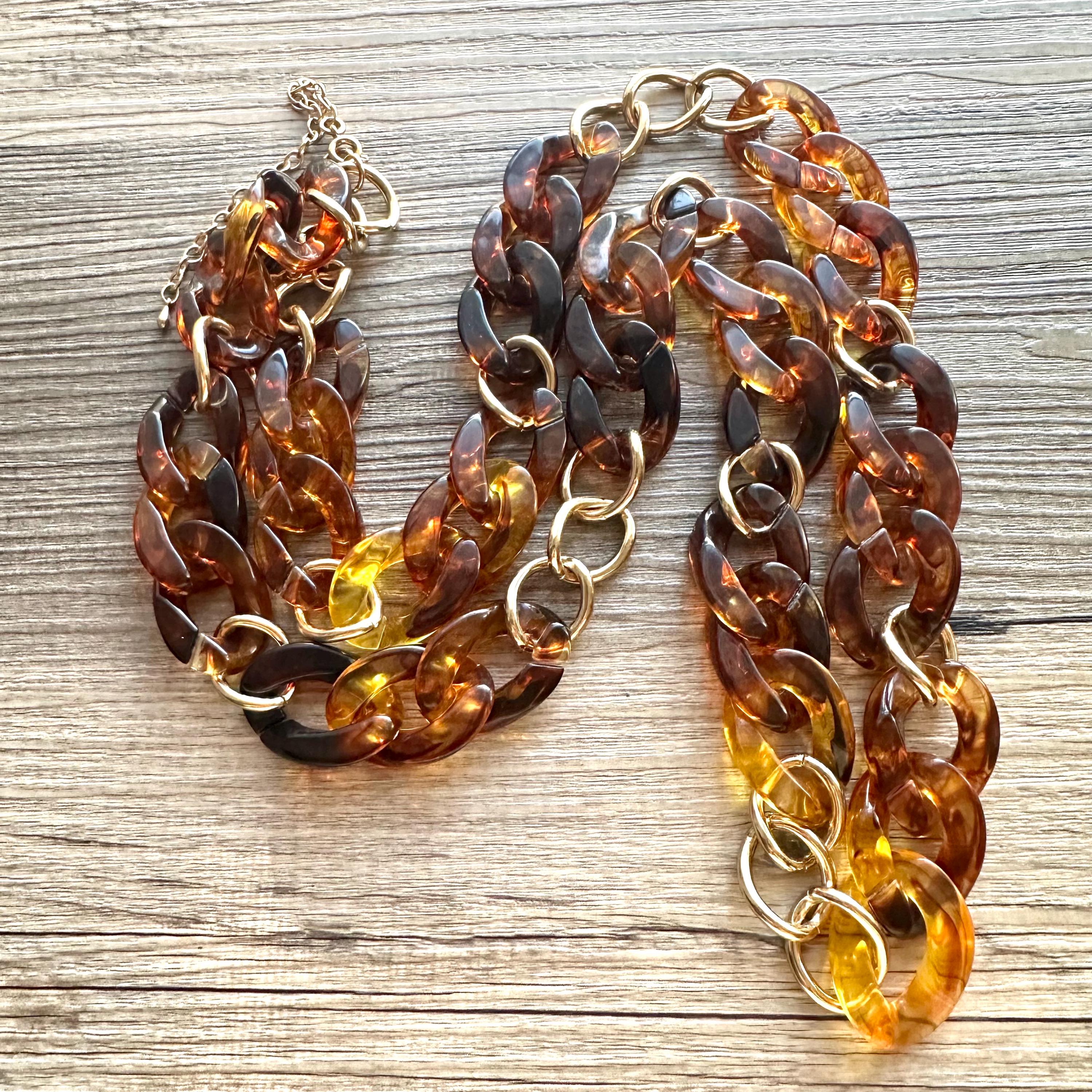 Tortoise Shell & Gold Long Acrylic Necklace, Brown Linking Acetate