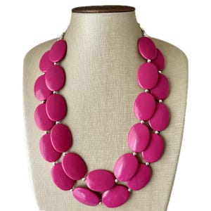 Dark Pink Double Strand statement necklace, pretty big beaded chunky jewelry, Fuchsia Bib Set 2 strand earrings set, deep pink magenta