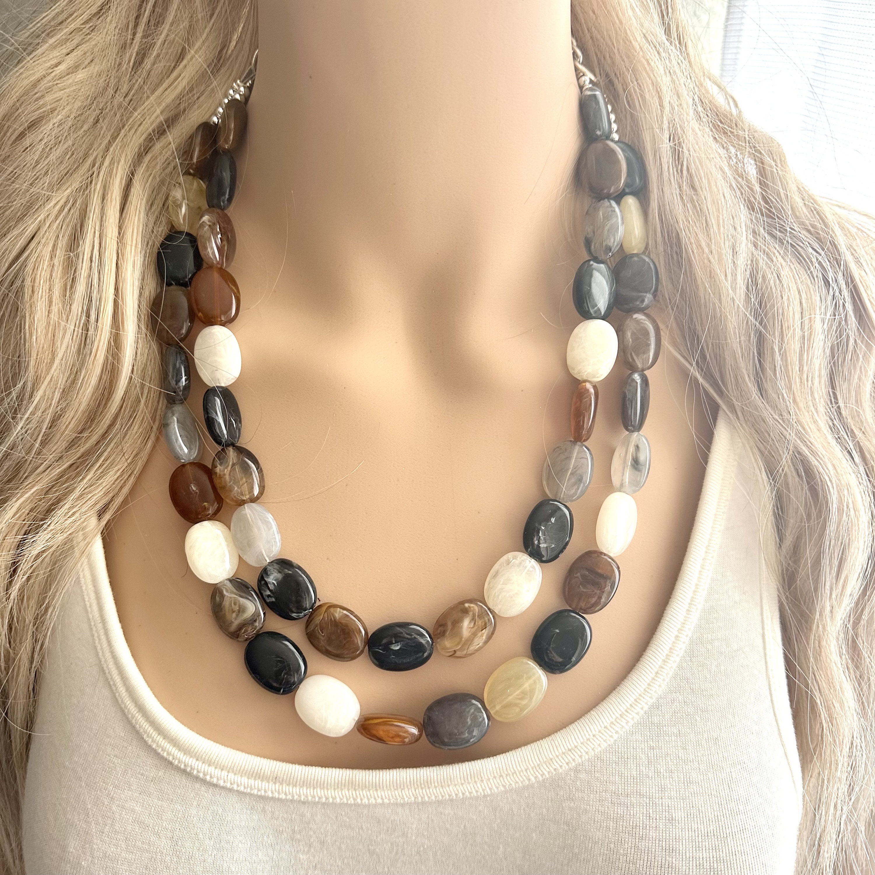 COOLSTEELANDBEYOND Grey Black Collar Necklace Waterfall Multi Strand Pendant