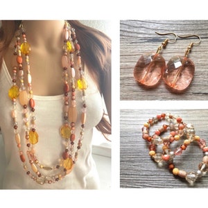 Peach Chunky Statement Necklace & Stretch Bracelet set, Triple Strand Beaded Jewelry, coral pink jewelry, peach bridesmaid marigold gold