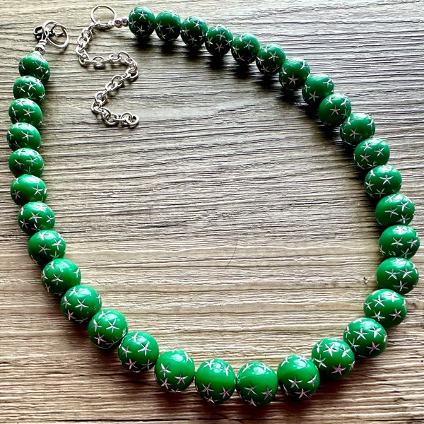 Kelly Green & Silver Star 1 Strand statement necklace, big beaded chunky Apple green necklace, bridesmaid dark green necklace