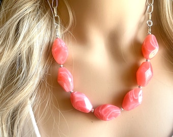 Coral Statement Necklace & earring set, pink jewelry, Your Choice of GOLD or SILVER, peach bib chunky necklace, dark pink geometric necklace