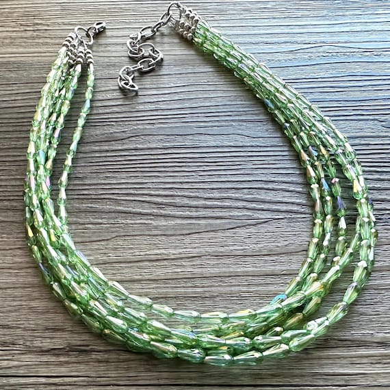Green Zen Chunky Statement Necklace, faceted Beaded thick Jewelry, 5 Strand wedding everyday dress, light Green sea crystal glass bib