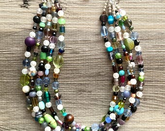 Collar de plata arcoíris multicolor de fin de semana de cumpleaños vintage, collar llamativo grueso neutral, joyería de cuentas grandes de vidrio de feliz verano brillante
