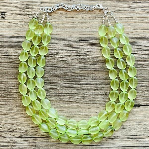 Cucumber Green Chunky Statement Necklace & Stretch Bracelet set, Triple Strand Beaded Jewelry, light green jewelry, bridesmaid jelly bean