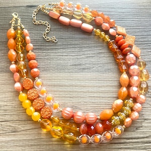 Orange party confetti Statement Necklace, chunky bib beaded jewelry, orange color block necklace, beaded acrylic tube jewelry gold