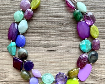 Purple & Green Mosaic Necklace, multi strand colorful jewelry, big beaded chunky statement necklace, purple jewel tone silver green