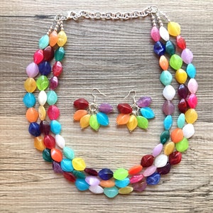 Meerkleurige ketting met regenboogkralen, heldere kleurrijke statementketting, dikke kralenketting, kleurrijke sieradenset, oorbellen ketting