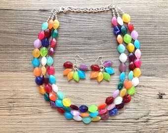 Multi-Color RAINBOW Beaded Necklace, Bright Colorful Statement Necklace, Chunky Beaded Necklace, Colorful jewelry set, earrings necklace