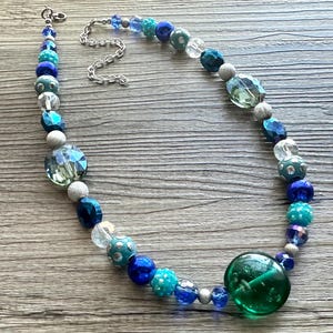 Blue Green Stream Chunky Statement Necklace, single strand bib beaded jewelry, navy blue color block necklace, turquoise aqua forest jewelry