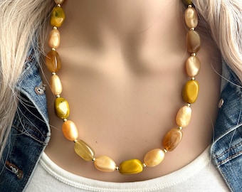 Marigold Yellow Fall Walk Chunky Statement Necklace, Big beaded jewelry, single 1 strand Statement chunky bib yellow mustard gold
